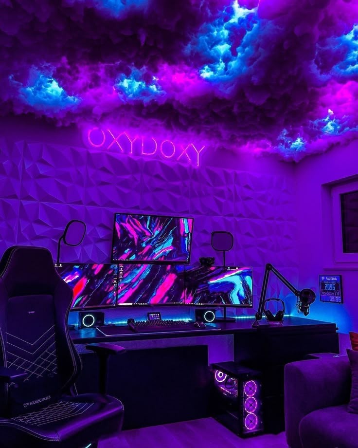 Vibrant gaming setup with neon lights, triple monitors, gaming chair, and cloud ceiling for immersive experience.