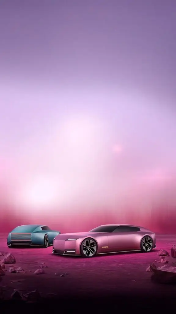 Futuristic pink and blue cars in a surreal pink landscape under a violet sky.