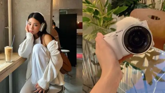 Young woman in cozy outfit with headphones and iced coffee beside a close-up of a hand holding a Sony camera.