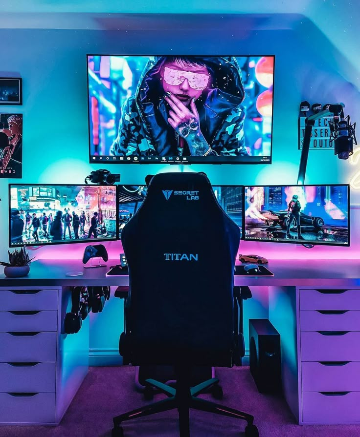 Futuristic gaming setup with three monitors, RGB lighting, and a gaming chair in a neon-lit room.