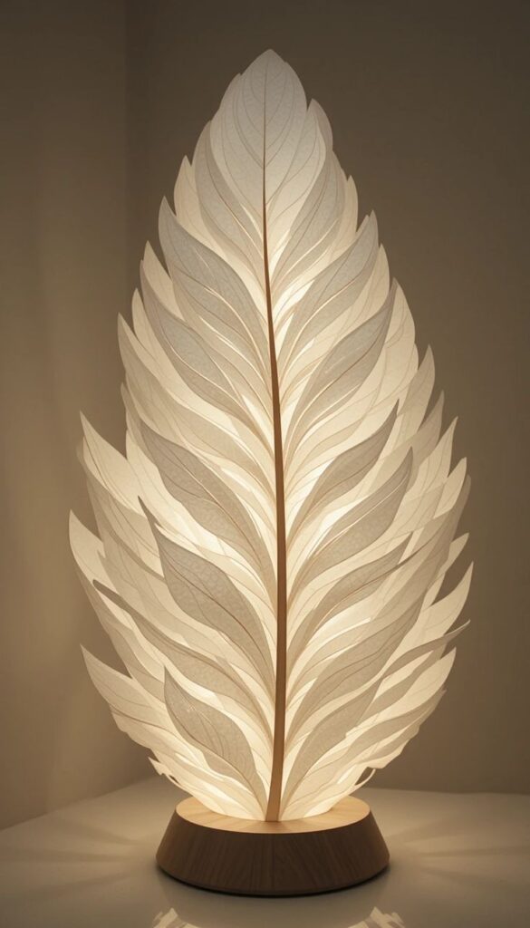 Lamps Design 1 Elegant leaf-shaped lamp with warm light, featuring intricate layers on a wooden base, perfect for modern home decor. | Sky Rye Design Elegant leaf-shaped lamp with warm light, featuring intricate layers on a wooden base, perfect for modern home decor.