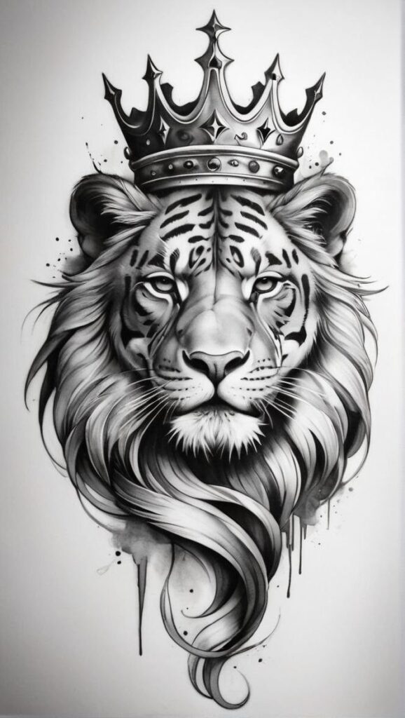 Elegant tiger with a crown, artistic black and white illustration symbolizing royalty and strength.