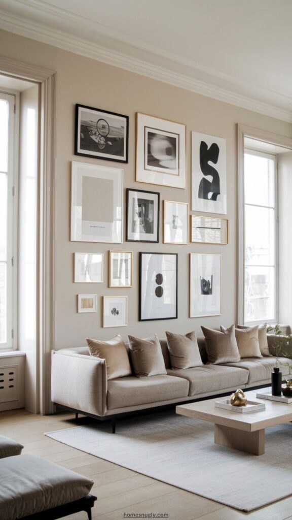 Modern living room with beige sofa, gallery wall art, and minimalist decor.