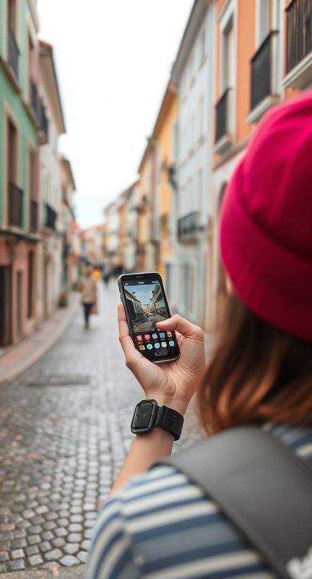 Person in striped shirt uses smartphone to navigate colorful cobblestone street, enhancing travel experience.