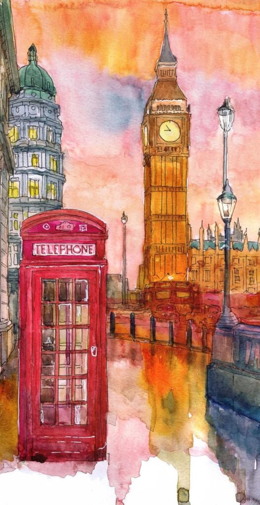 Watercolor painting of London's Big Ben and red phone booth at sunset, vibrant colors reflecting a classic cityscape.