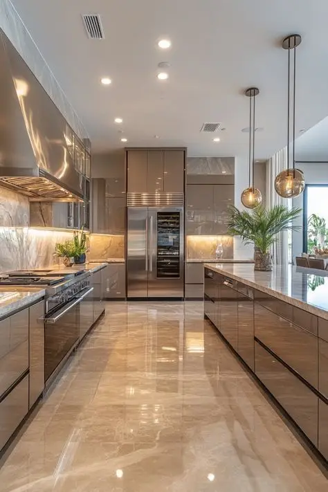 Modern luxury kitchen with glossy cabinets, marble floor, stainless steel appliances, and pendant lighting.