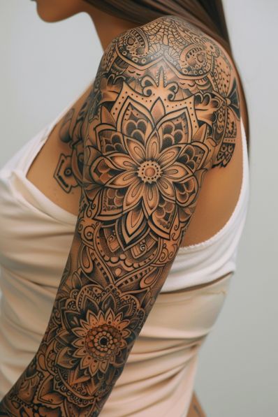 Intricate floral tattoo sleeve design on a woman's arm, highlighting detailed patterns and artistry.