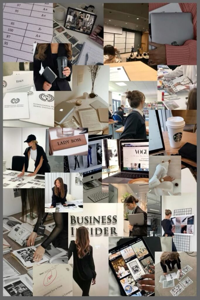 Collage of businesswoman lifestyle: working, studying, planning, and presentations in various professional settings.