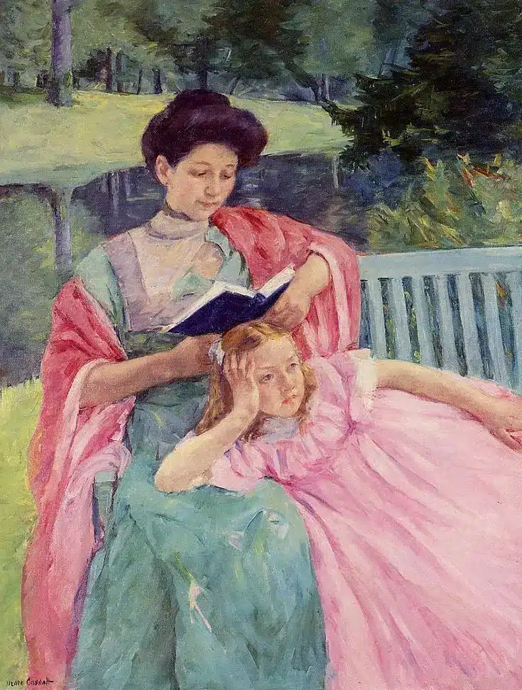 Woman reading book with child in pink dress, seated on a bench in a lush garden. Impressionist painting scene.