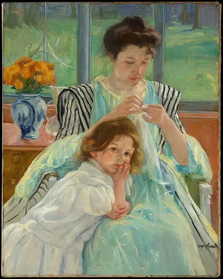 Mother and child in vintage attire near window, with flowers in background, exuding serene and tender ambiance.