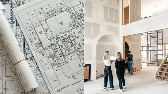 Blueprints and construction site with architects discussing building plans for a residential project.