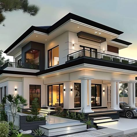 Modern two-story house with large windows, elegant columns, and lush landscaping at dusk.