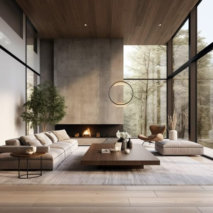 Modern living room with large windows, cozy fireplace, stylish furniture, and natural light.