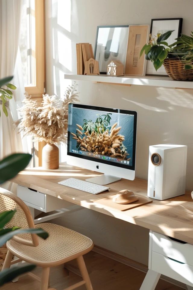 Bright home office with computer, modern decor, and plants on wooden desk and shelves. Cozy, minimalist workspace.