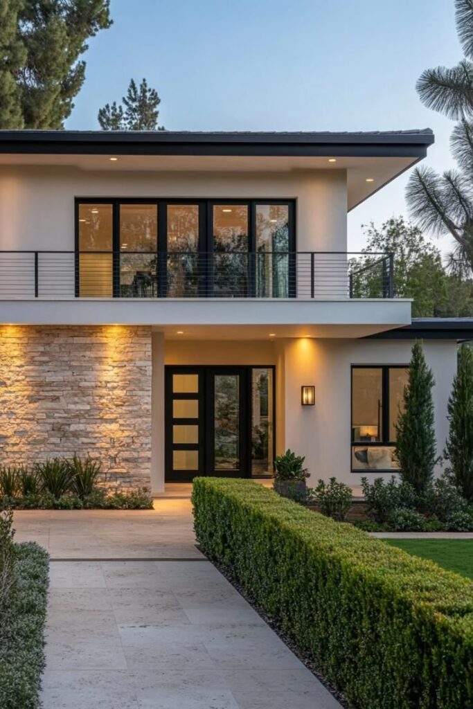 Modern two-story house with large windows and landscaped garden, featuring stone and glass architecture.