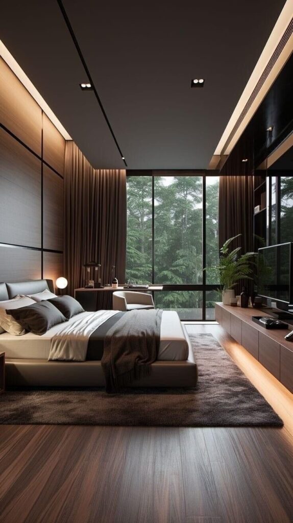 Modern bedroom with large window, stylish furniture, and cozy lighting. Elegant interior design with a view of nature.