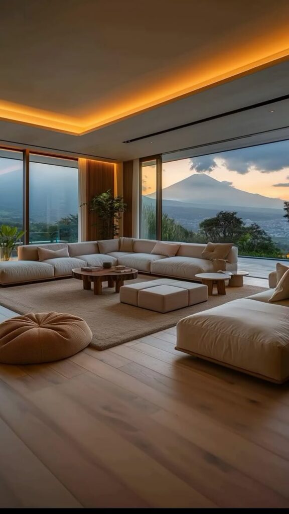 Modern living room with cozy sofas, warm lighting, and large windows overlooking a scenic mountain view at sunset.