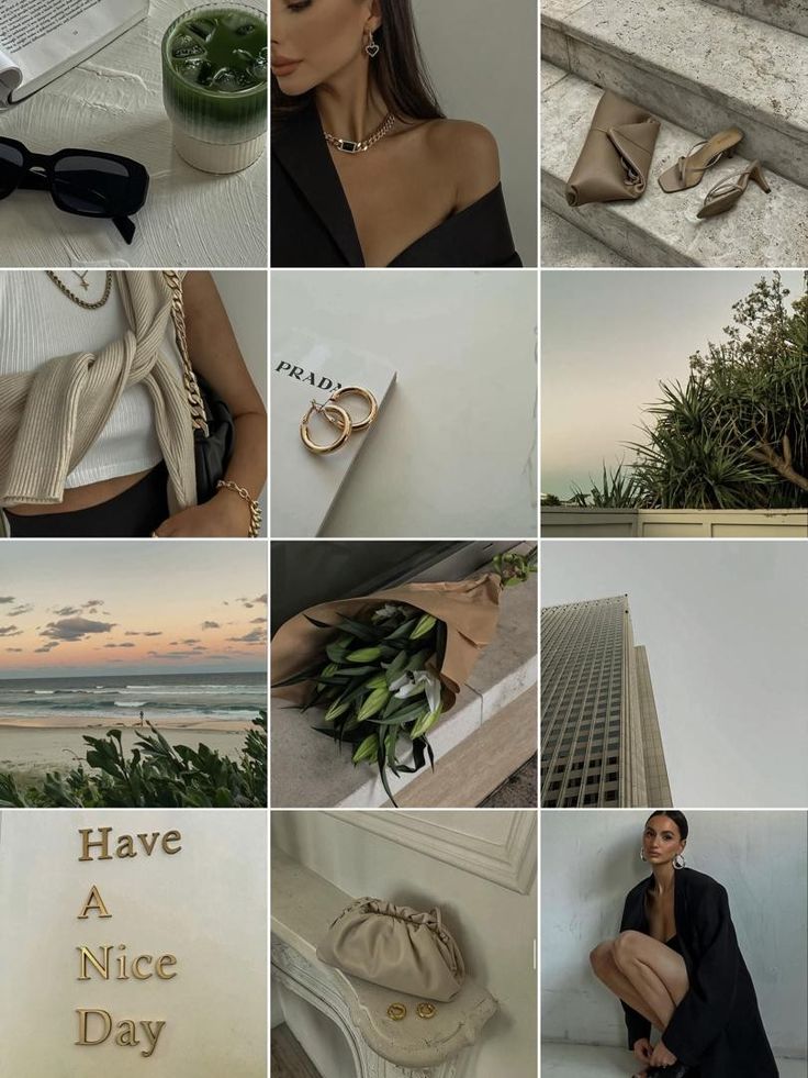 Collage of fashion, nature, and lifestyle elements including accessories, plants, and coastal views for a chic aesthetic.