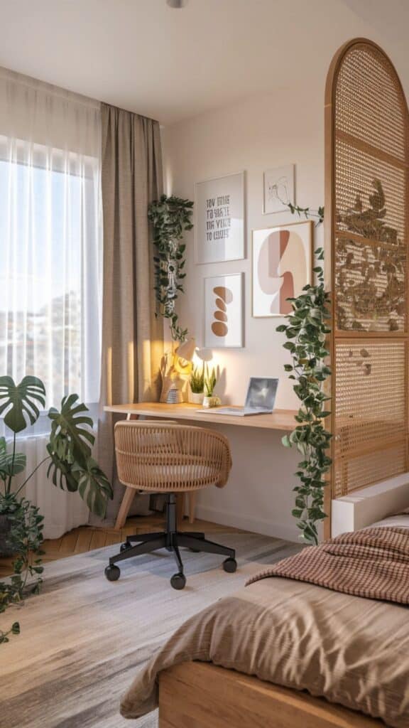 Cozy bedroom with a home office, featuring a wooden desk, stylish chair, indoor plants, and wall art decor.