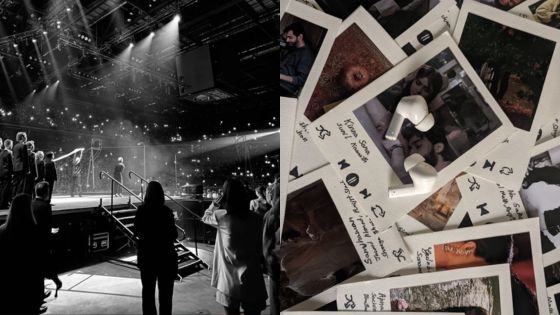 Concert stage with audience on left; polaroid photos and earphones on right.