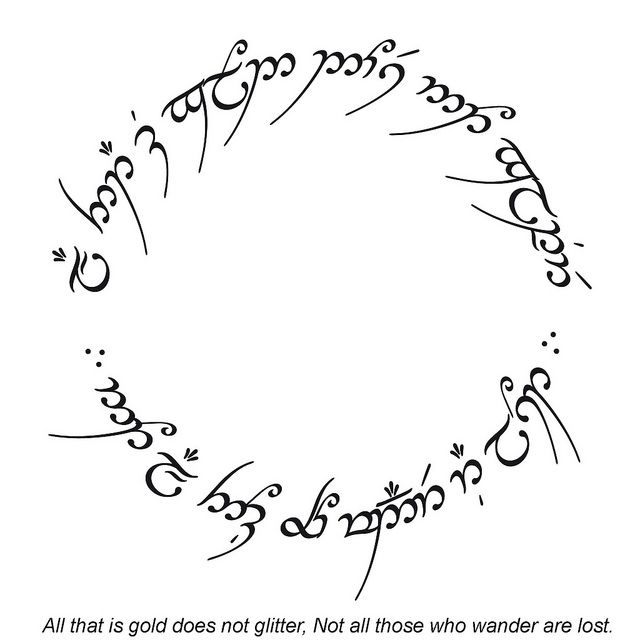 Circular Elvish script design with quote: All that is gold does not glitter, Not all those who wander are lost.