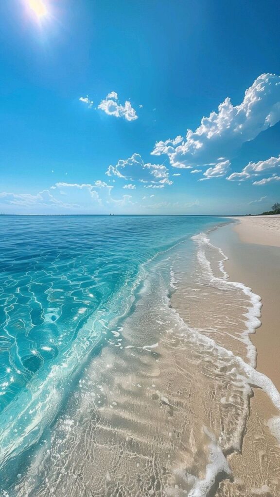 Sunny beach with clear blue waves gently lapping on white sand under a vibrant sky with fluffy clouds.