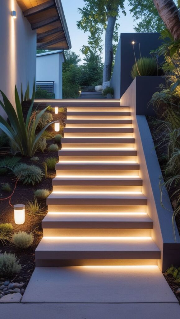 Modern outdoor steps with warm lighting, surrounded by lush plants and trees at dusk.