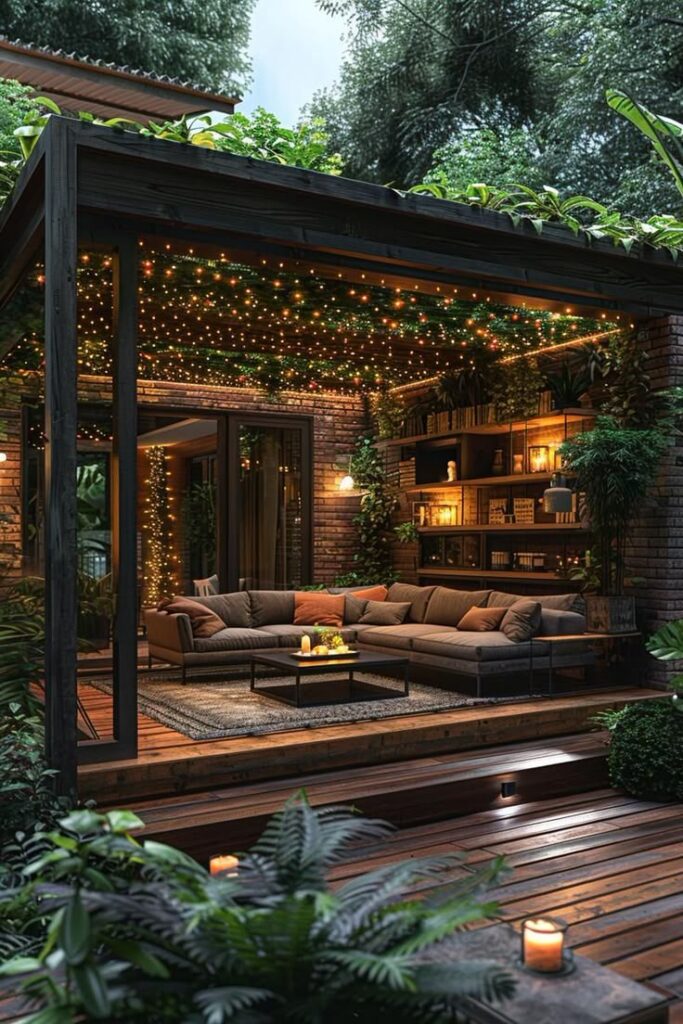 Cozy outdoor patio with string lights, sectional sofa, and lush greenery for a relaxing ambiance.