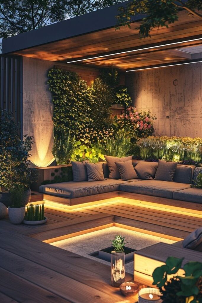 Modern outdoor lounge with cozy seating, ambient lighting, and lush vertical garden. Perfect for relaxation and gatherings.