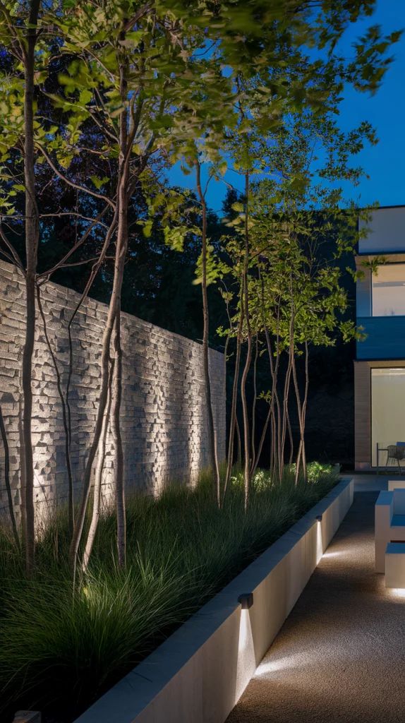 Modern backyard with sleek lighting, tall trees, and a stone wall at dusk.