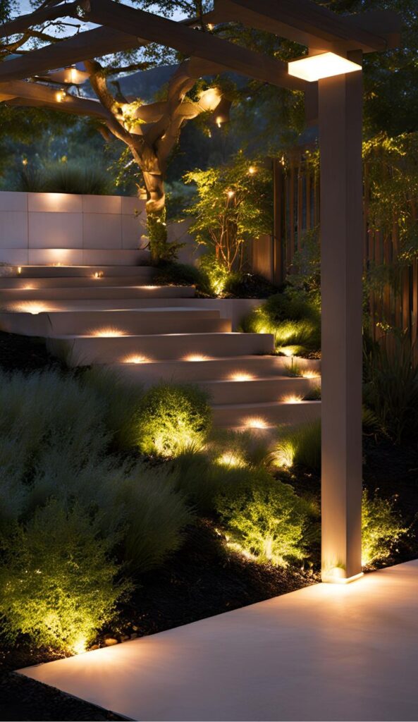 Modern garden illuminated with pathway and tree lights, enhancing evening ambiance.