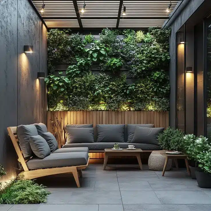 Modern patio with vertical garden, cozy seating, and ambient lighting for a serene outdoor space.
