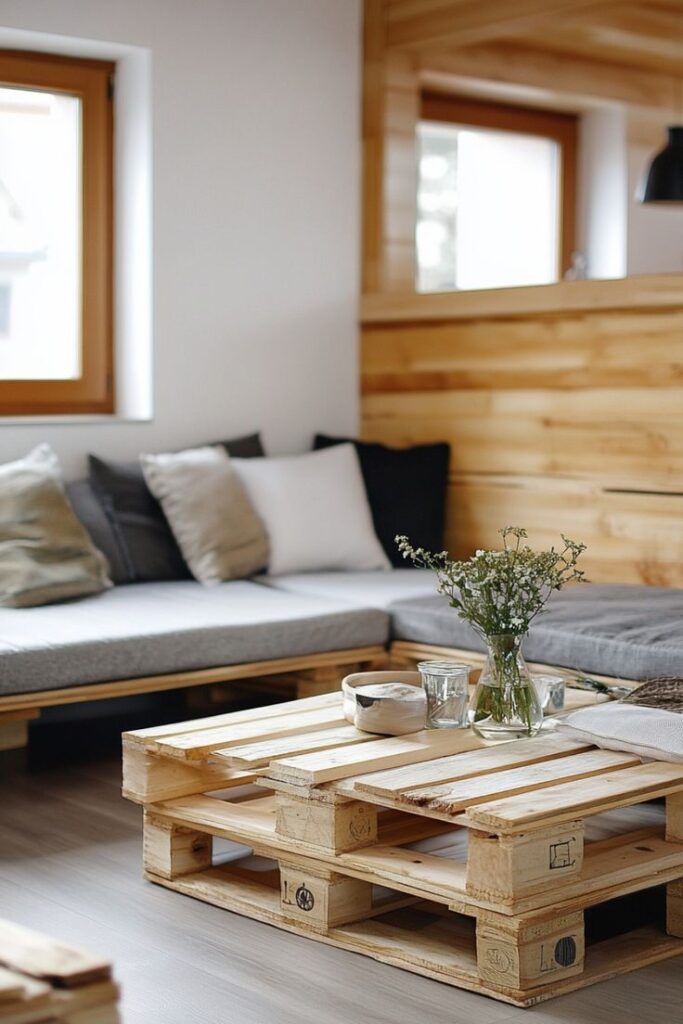 Cozy living room with wood pallet table, gray couch, and modern decor by large windows.