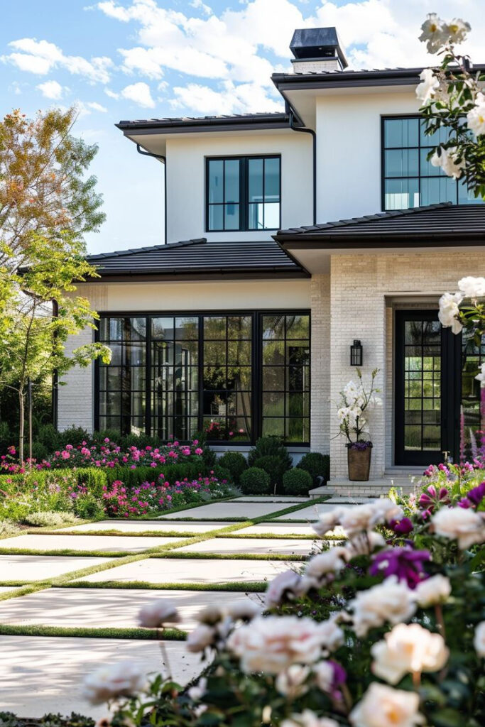 Modern house exterior with lush garden and large windows under a bright sky. Elegant landscaping, vibrant flowers.