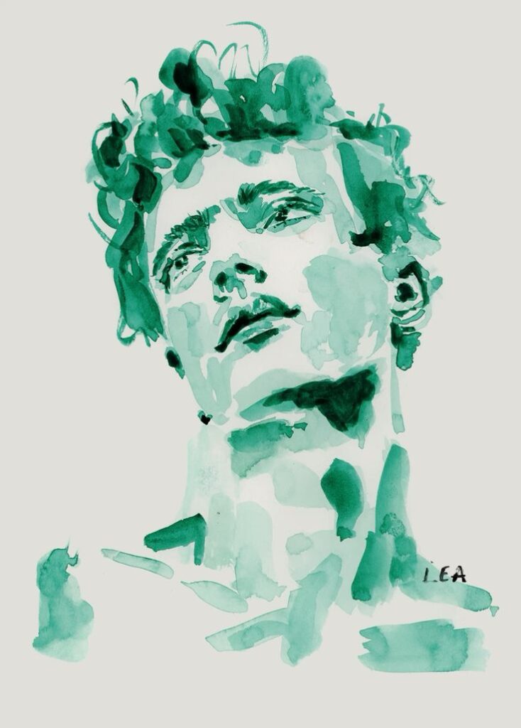 Watercolor portrait of a person with curly hair and a contemplative expression, created in green hues.