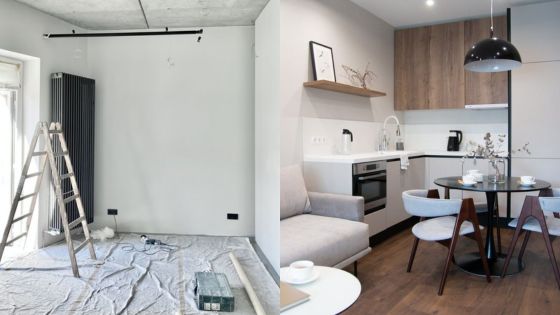 Apartment renovation: Left side shows unfinished room with ladder; right side features finished modern kitchen and dining area.