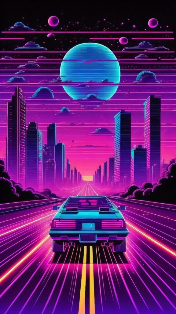 Neon retro-futuristic cityscape with car and planets, vibrant skyline and vivid night colors. Perfect for sci-fi themes.