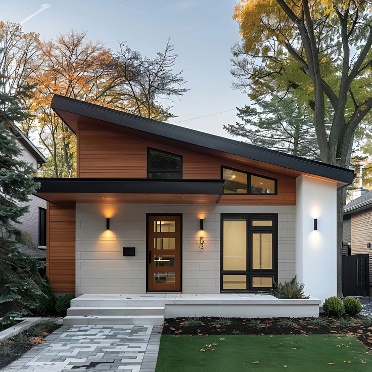 Modern single-story house with wooden accents, large windows, and a sloped roof surrounded by trees.