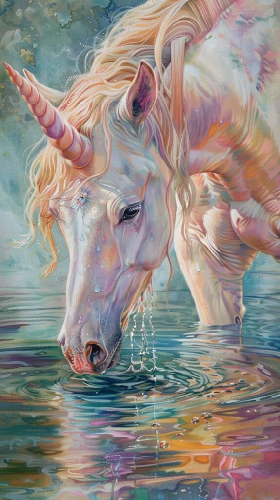 Fantasy unicorn with pastel mane drinking from a colorful pond, reflecting magical hues in a serene scene.