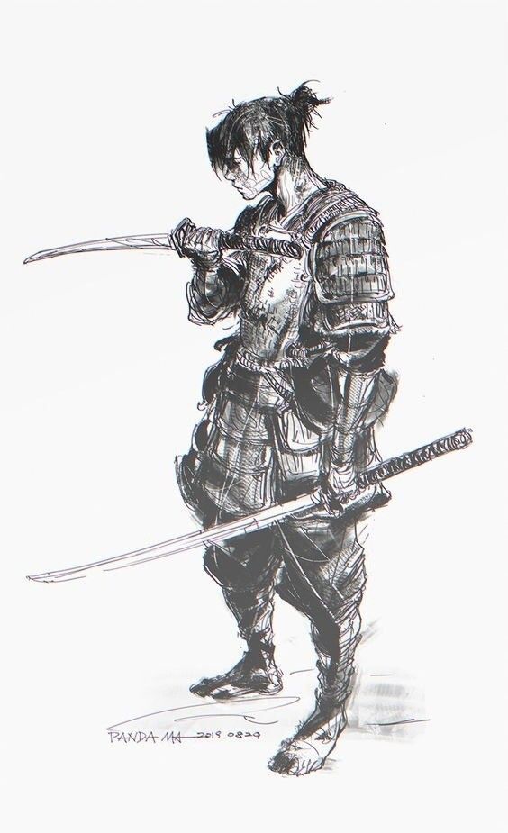 Sketch of a samurai in armor holding swords, showcasing detailed artistic style and dynamic posture.