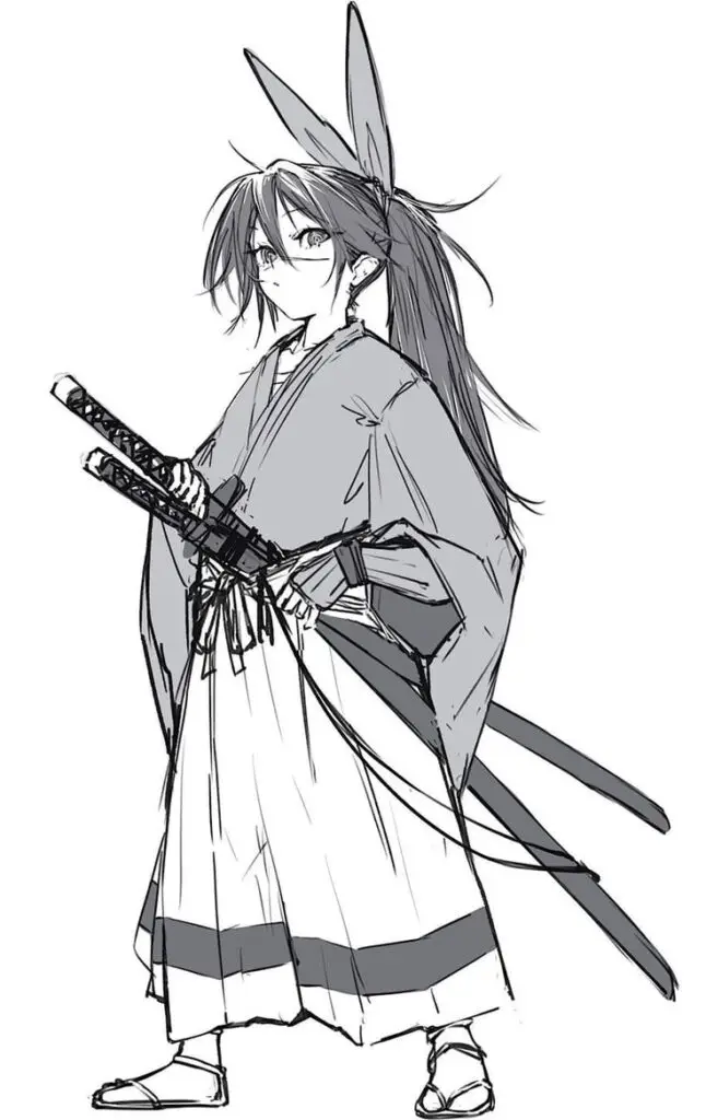 Anime samurai warrior sketch with long hair, robe, and dual swords, exuding confidence and readiness for battle.