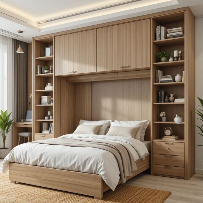 Modern bedroom with wooden furniture, cozy bed, built-in shelves, and natural light. Stylish and functional design.