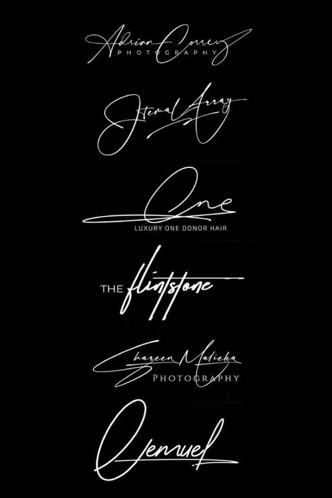 Stylish handwritten logo designs on a black background showcasing photography and luxury brand names.