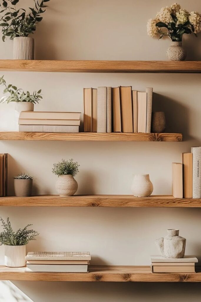 Minimalist wooden shelves with books and decorative plants in modern living space.