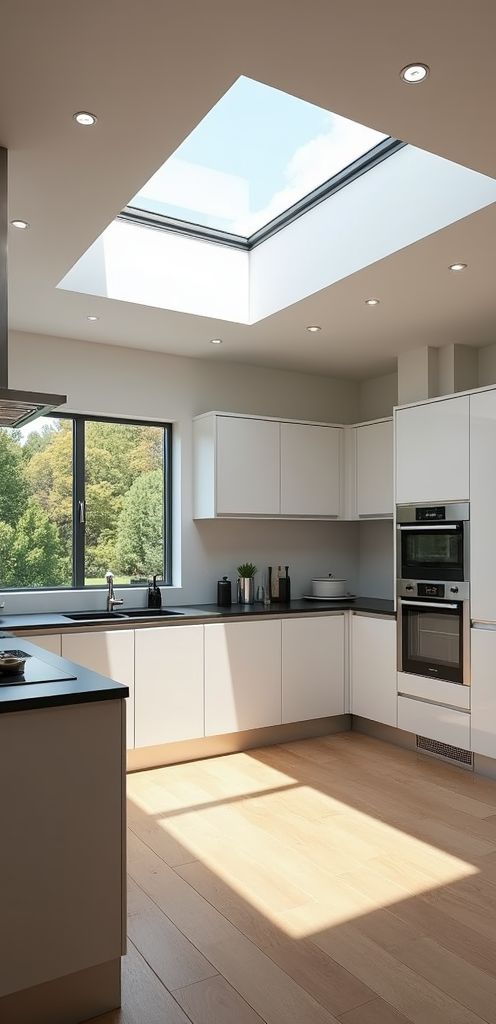 Modern kitchen with sleek white cabinets, large skylight, and natural wooden flooring, overlooking a green landscape.