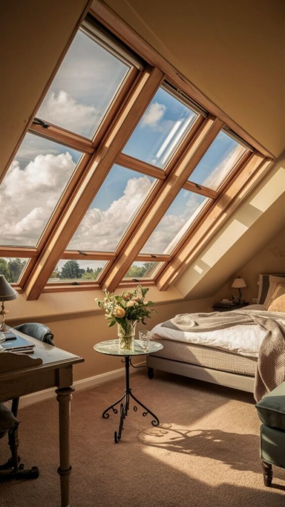 Bright attic bedroom with slanted skylights, cozy bed, and a table with flowers. Tranquil and inviting atmosphere.