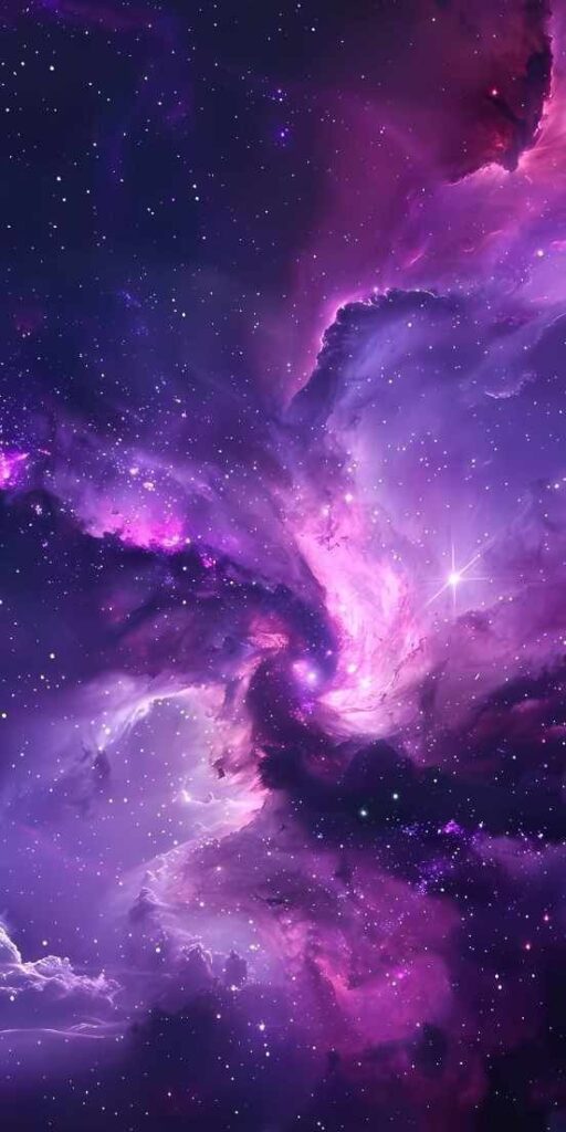 Vibrant purple galaxy with swirling stars and nebulae, creating a mesmerizing cosmic scene.