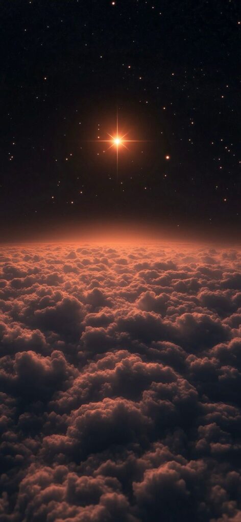 Starry sky above red-hued clouds, with a bright star shining prominently in the night.