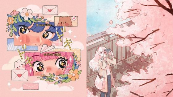 Anime-inspired illustration with love-themed eyes and cherry blossoms, a girl taking photos, pastel colors.