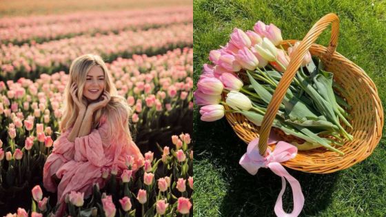 Woman in pink dress sitting in tulip field next to basket of pink tulips on grass.